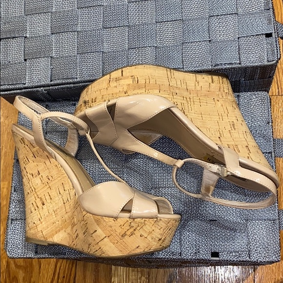 Nude Patent Strappy Cork Wedges - Picture 5 of 6